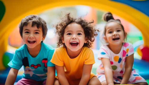 Радостные дети играют в детском саду. Красочный и минимальный детский фон.
