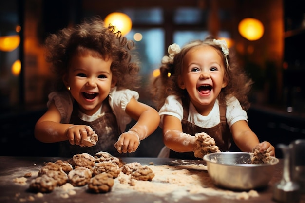 Радостные дети пекут на кухне