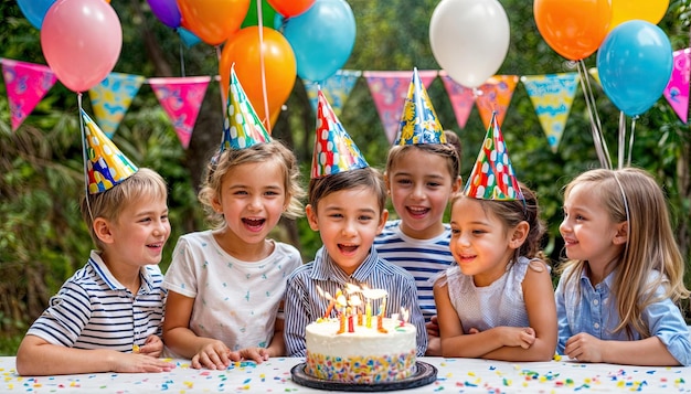 기쁜 아이 들 이 케이크 와 불 으로 생일을 축하 하고 있다