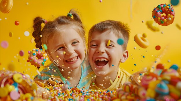 Joyful kids celebrating a party with colorful confetti laughter fills the air moments of happiness captured lifestyle photography for events AI