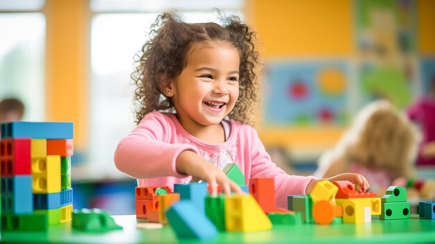 Photo joyful kindergarten student playing with building blocks