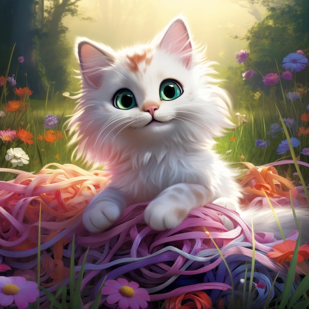 Joyful kitten plays with yarn on grass Generative AI art