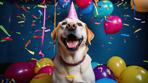 ラブラドール・レトリーバー (Labrador Retriever) はカラフルなコンフェッティと風船に囲まれて活発な誕生日帽子をかぶっている美味しいドッグフレンドリーなケーキを前で犬の39の興奮と幸せを捕まえています