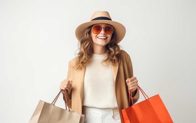 Joyful Lady Wearing a Straw Hat and Carrying a Bag isolated on transparent Background