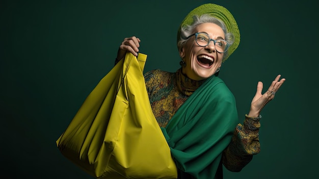 Joyful Lady with Green Bag and Vibrant Attire