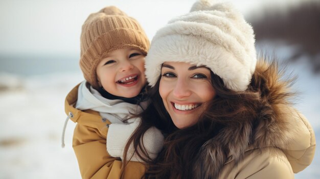 Joyful Latin mom and daughter enjoying themselves at the seaside in the wintertime