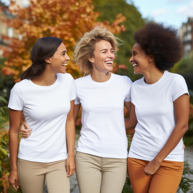 Photo joyful laughter autumnthemed mockup with a cohort of 30s women in blank white tshirts