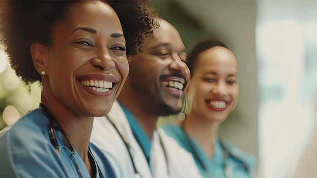 즐거운 학습 분위기 웃는 간호사와 의사는 세미나 훈련에서 휴식을 취하고 병원 교육 수업에서 긍정적 인 에너지를 방출합니다.
