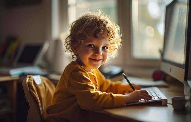 Foto un bambino sorridente si occupa di una matita mentre esplora un computer da tavolo a casa