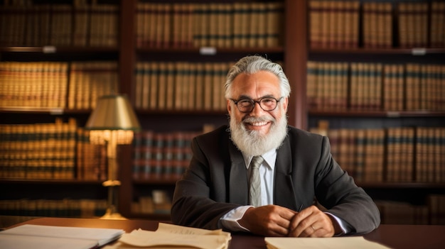 Joyful legal historian among old legal manuscripts in library