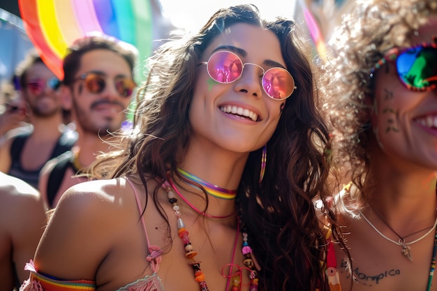 Foto lesbiche gioiose che festeggiano il giorno dell'orgoglio sotto il sole