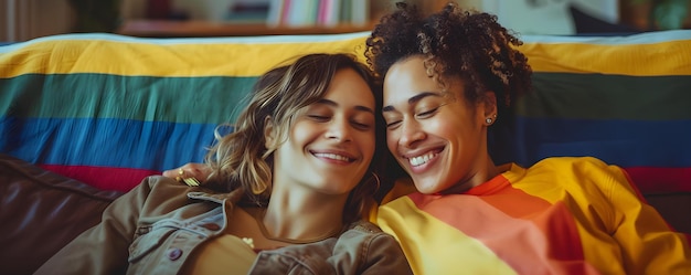 Joyful LGBTQ huishoudelijke band op een comfortabele woonkamer bank Concept LGBTQ Family Bonding Comfortable Living Room Joyful Couch Time Household Togetherness