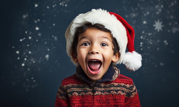 Un ragazzino gioioso in costume di babbo natale che celebra il natale