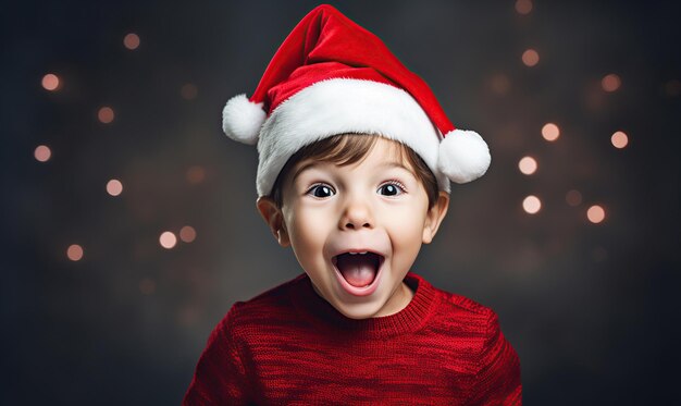 Joyful Little Boy in Santa Claus Costume Celebrating Christmas