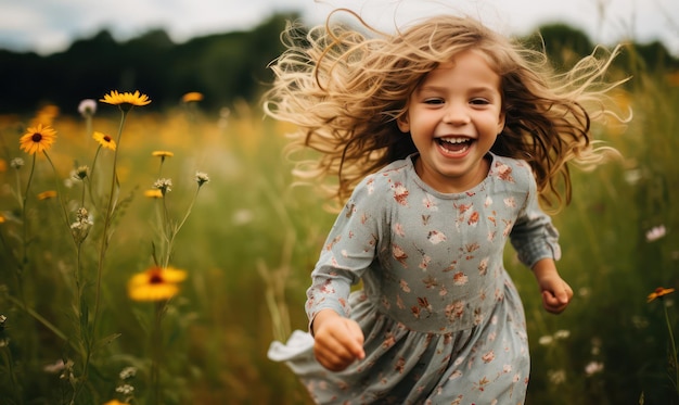 야생 꽃 들 의  에서 회전 하는 즐거운 작은 소녀 자연 의 아름다움 가운데 빛나는 미소
