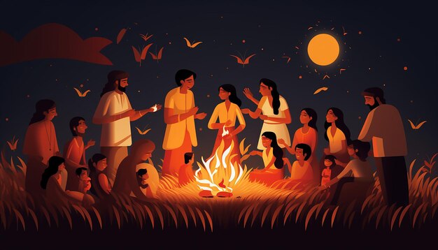 a joyful Lohri scene with families gathered around the bonfire