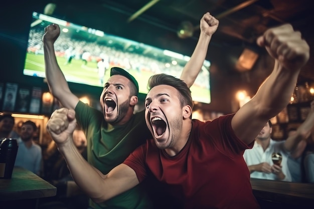 Foto fan maschi gioiosi che guardano una partita di calcio in un bar