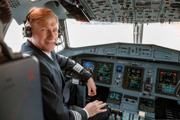 Радостный пилот-мужчина сидит в кабине самолета