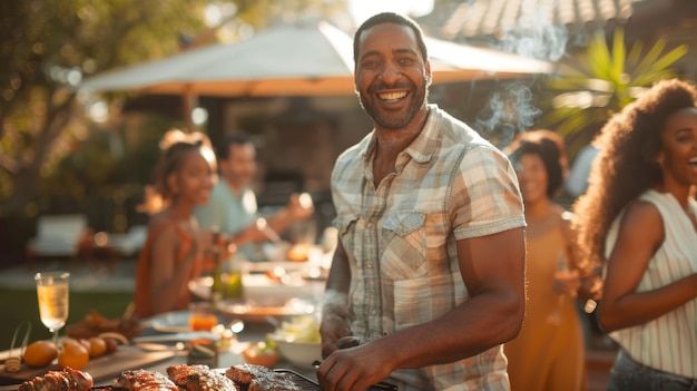 Photo joyful man grilling on barbecue during outdoor party with friends