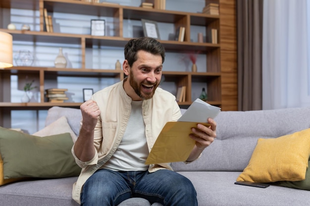 Joyful man at home holding envelope with notification message reading and smiling happy with news