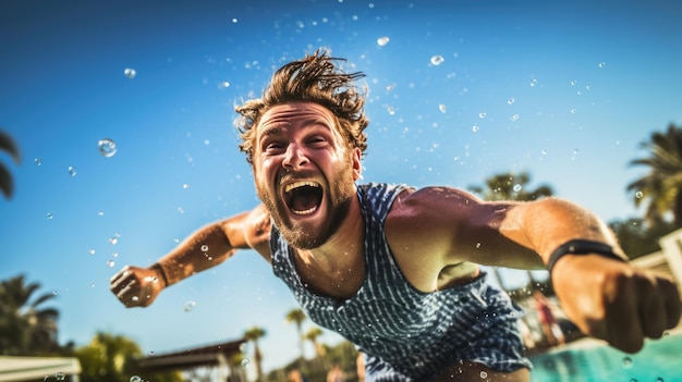 Foto l'uomo gioioso salta in piscina con molti schizzi