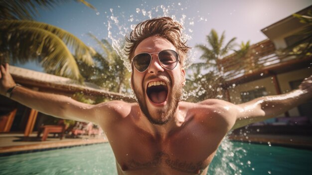 Joyful man jumps into the pool with lots of splashing