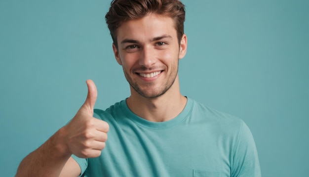 A joyful man in light teal shirt showing thumbs up blurred blue background
