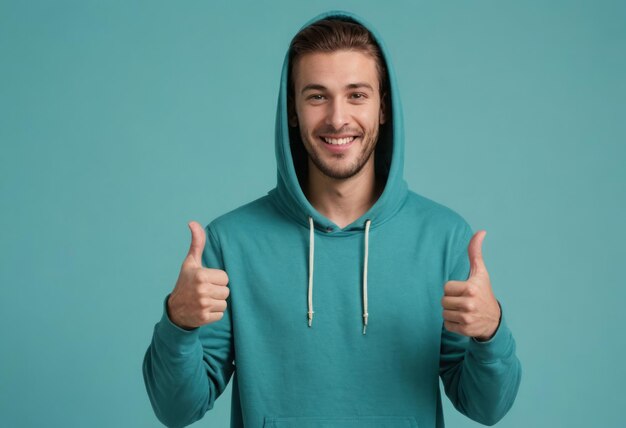 Joyful man in a turquoise hoodie giving double thumbs up blurred background emphasizes his lively