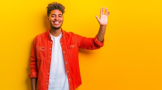 A joyful man waves his hand against a yellow background with ample space for text creating a vibrant and cheerful scene