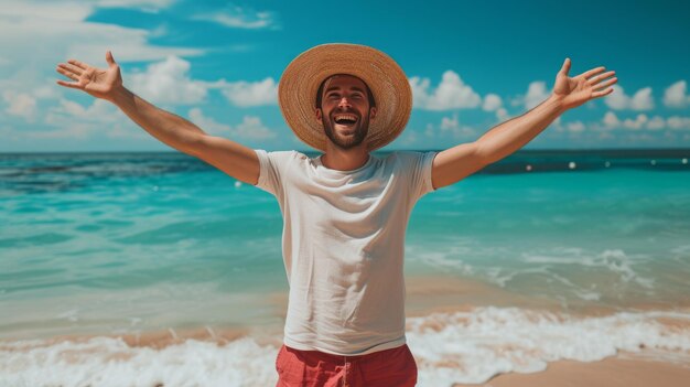 Photo a joyful man in a wicker hat and red shorts stands with his hands up on the beach