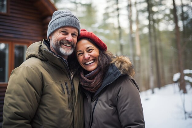 Joyful man and woman in cold weather clothing stand before a winter lodge AI Generated content