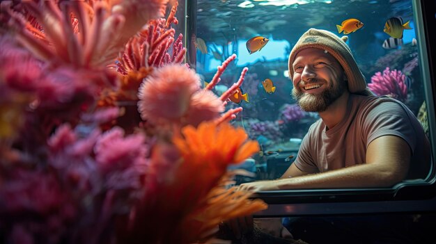 Photo joyful marine biologist observes coral reef underwater world teeming