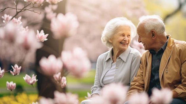 Joyful mature couple surrounded by pink spring blossoms sharing a moment