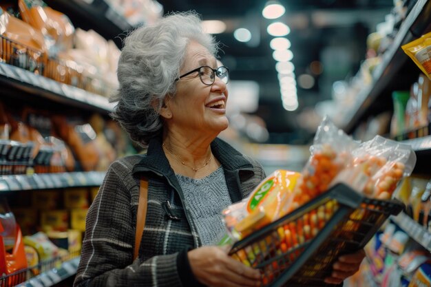 Photo joyful mature woman shopping for groceries and reading labels