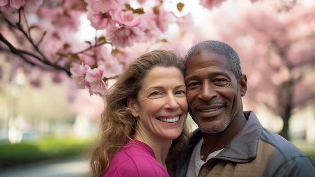 Joyful middle age couple surrounded by pink spring blossoms sharing a moment