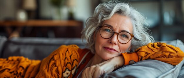 Joyful Middleaged Woman Relaxing On Couch At Home Independent Senior In Living Space