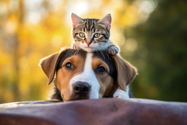 写真 頭の上に子猫を乗せたうれしそうな雑種犬