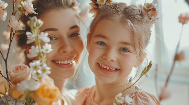 Joyful mom and daughter surrounded by flowers