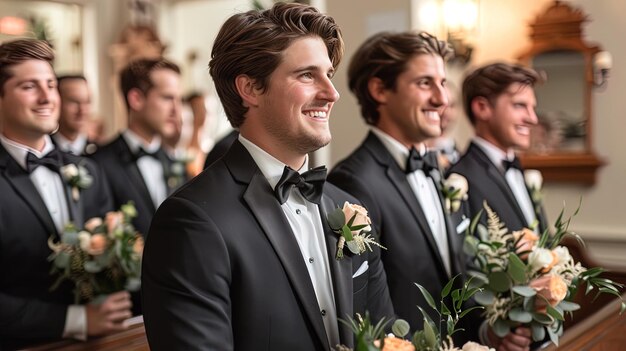 Joyful moment frozen in time as the groomsmen emerge from the altar their smiles reflecting the