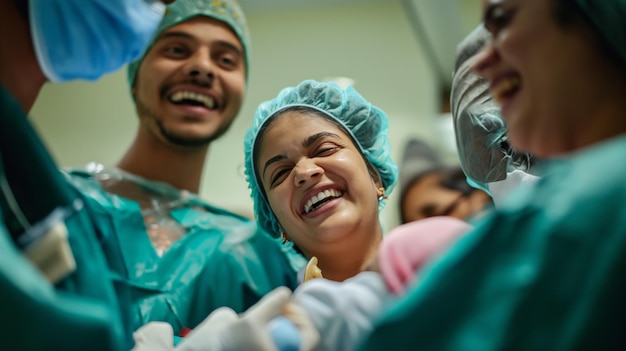 Joyful moment of successful childbirth with the participation of medical staff midwives