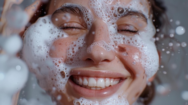 Joyful moment with a face covered in sudsy water droplets