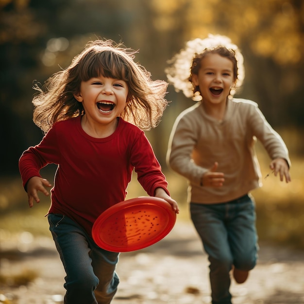 遊び場 で 赤い フリスビー を 持っ て 遊ぶ 子供 たち の 喜び の 瞬間