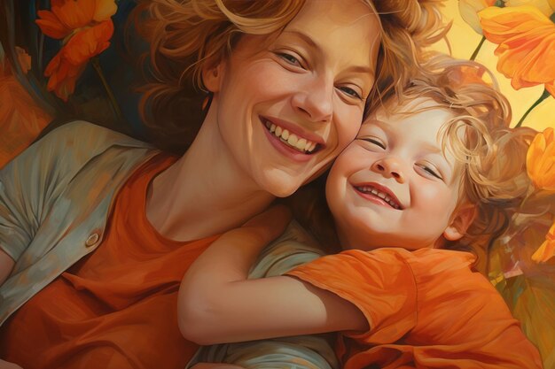 즐거운 순간들 행복한 어머니가 아이들을 안고 있는 클로즈업 32면 비율