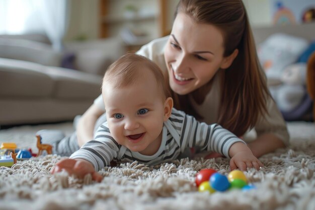 Photo joyful mother and baby boy playing with toys on a carpet at home