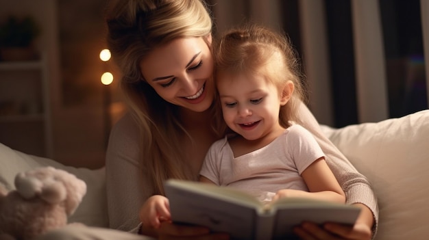 A joyful mother and child enjoy a book