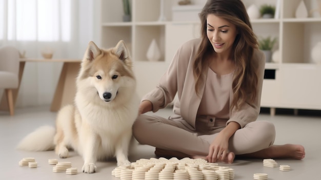 喜びに満ちた母と子供はペットの犬の近くで建物のブロックで遊んで家でカラフルな塔を作っています