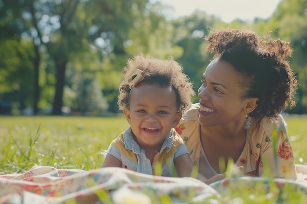 Photo joyful mother and child playfully enjoying a sunny day outdoors together