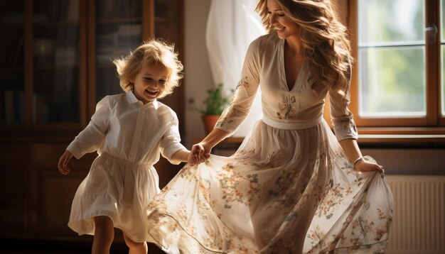 A joyful mother and her son dance at home