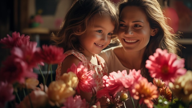 A joyful mother hugs her little daughter sitting surrounded by bright flowers