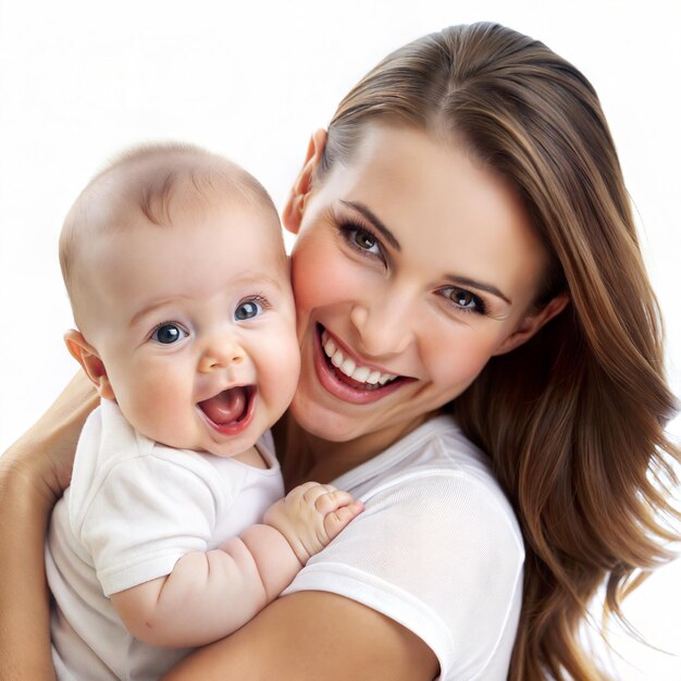 Радостная мать улыбается со своим счастливым ребенком на белом фоне